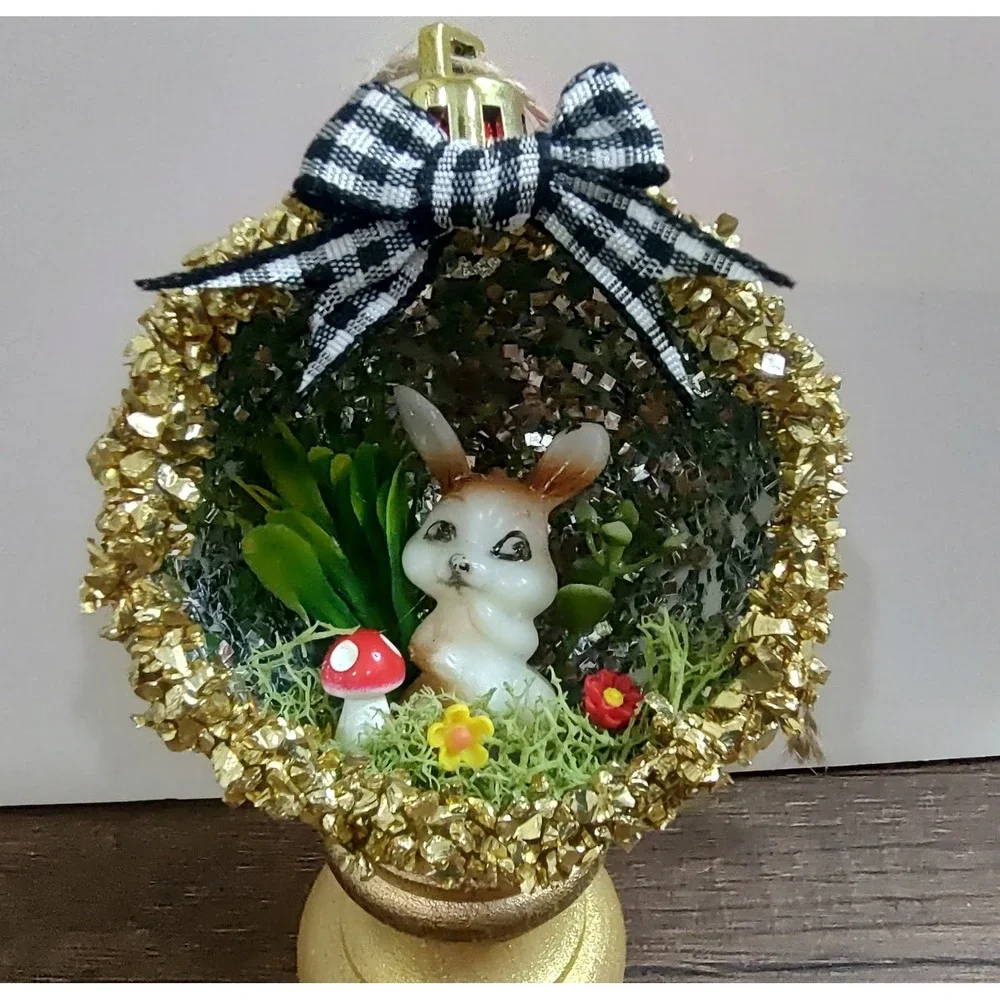 Bunny Rabbit Christmas Ornament Handmade Vtg Style OOAK Shatterproof Diorama
